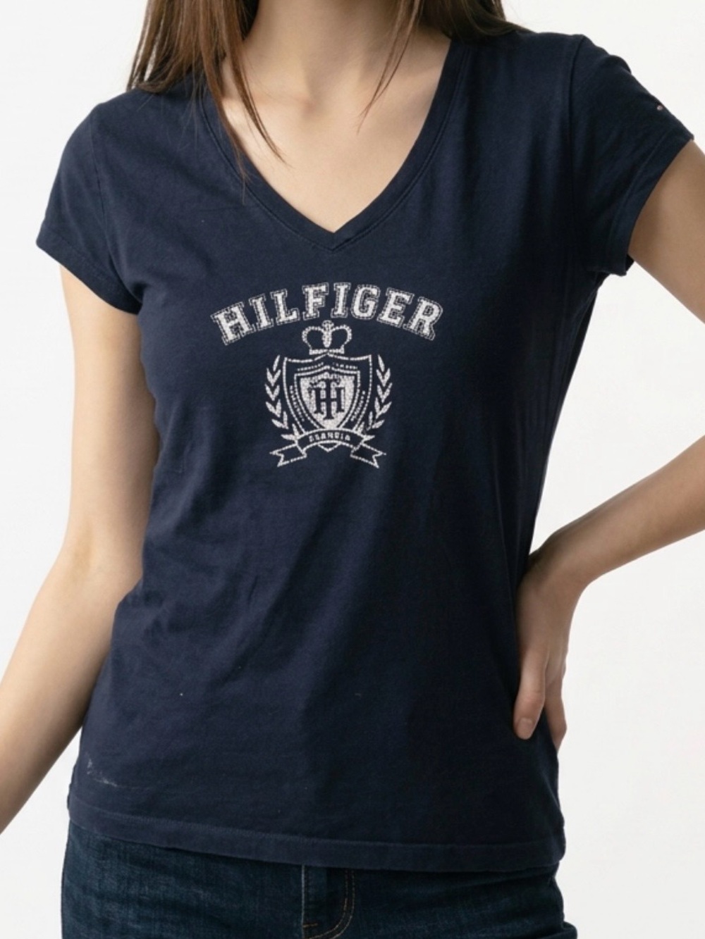 TOMMY HILFIGER WOMENS, Navy V-Neck Crest Logo Tee With Cap Sleeves. SZ XL